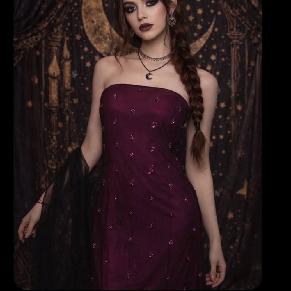 Vtg 90s Strapless Purple Mesh Overlay Evening Gown Size 10 Whimsigoth Y2k